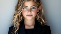 Young female model with wavy blonde hair and natural makeup wearing black blazer against light background, soft dramatic lighting creates professional headshot portrait.