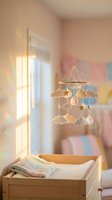 Cozy nursery interior with wooden crib and decorative cloud mobile hanging above, soft natural lighting creating warm atmosphere for baby room design.