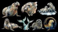 Watercolor elephant seals and harbor seals clipart set, isolated on transparent background, ready for stickers, t-shirt design, print on demand, and sublimation crafts.