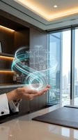 Businessman holding glowing digital hologram with circuit diagram and data flow visualization in modern office with city skyline view, representing technology innovation and network connectivity.
