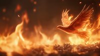 Mythical phoenix bird rising from flames and ashes, glowing with magical fire against dark background, fantasy art illustration for book covers and game design.