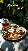 Glass teapot with black tea and middle eastern breakfast spread on wooden tray including flatbread, fresh vegetables, dips and herbs in garden setting.