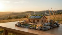 Miniature eco-friendly house model with solar panels and wind turbines on wooden surface at sunset showcasing sustainable energy and green architecture concepts.