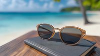 Stylish sunglasses resting on leather notebook against blurred tropical beach background with turquoise water and palm tree, summer vacation concept.