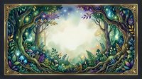 Enchanted forest landscape with glowing magical lights, mystical trees, and luminous plants framing a bright central clearing, suitable for fantasy backgrounds and digital art projects.