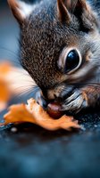 Close-up of a squirrel eating a nut with detailed fur texture and whiskers visible. Wildlife and nature photography for editorial, educational, and animal-themed design projects.