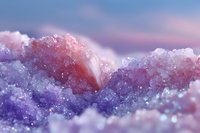 Crystalline mineral formation with pink and purple hues against soft pastel sky background, creating dreamlike geological landscape.