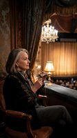 Elegant senior woman enjoying whiskey in luxurious vintage interior with ornate curtains and warm lighting atmosphere for lifestyle content.