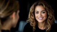 Young woman with curly brown hair and bright smile during conversation against dark background, creating intimate atmosphere for lifestyle portraits.