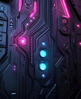 Futuristic technological background with glowing pink and blue neon lights on dark metallic surface featuring circuit patterns and geometric details.
