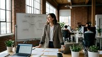 Woman entrepreneur presenting growth strategy on whiteboard in modern loft office with colleagues working in background, suitable for business, startup, and corporate training materials.