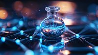 Glowing blue liquid in glass bottle on futuristic molecular network background with illuminated nodes and connections, science concept visualization.