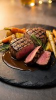 Grilled beef steak with roasted vegetables and rosemary on slate plate with warm restaurant lighting creating atmospheric dining experience.
