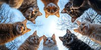 Curious cats form circle looking up at camera against blue winter sky and bare tree branches, creating unique perspective composition from below.