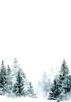 Misty winter forest with evergreen pine trees in watercolor style on white background, creating serene snowy landscape.