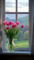 Pink tulips in glass vase on windowsill with scenic countryside landscape view. Fresh spring flowers for home decor, interior design, and seasonal styling projects.