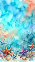 Watercolor ocean scene with colorful starfish and seashells on sandy beach bottom, aqua blue waves flowing above marine life elements for coastal decor.