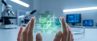 Scientist hands protecting green digital DNA helix and molecular structures in modern laboratory for biotechnology research and genetic engineering applications.