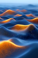 Abstract wavy landscape with glowing orange and deep blue gradients creating fluid topographic patterns, suitable for modern design backgrounds and digital art projects.