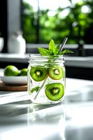Fresh kiwi slices and mint leaves in mason jar with water and drinking straw, sunlit kitchen counter setting, refreshing summer detox drink concept.