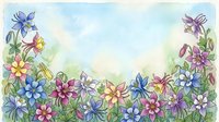 Watercolor floral border with colorful columbine flowers in pink, blue, purple, and yellow on a soft sky background with copy space.