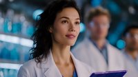 Asian female medical professional in white lab coat reviewing data on tablet device with colleagues in modern healthcare facility background. Confident expression.