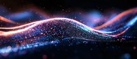 Abstract digital wave of glowing particles flowing with blue and pink light streaks against dark background, creating futuristic technology visualization.