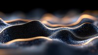 Abstract glowing wave of particles with orange light effect on black background, futuristic digital art visualization showing flowing motion and depth.