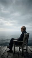 Senior man with gray hair and glasses sitting on wooden chair on dock overlooking calm sea under overcast sky, contemplating solitude and peaceful retirement lifestyle.