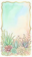 Watercolor succulent frame with pastel gradient background and gold border, featuring aloe and rosette plants for cards and invitations.