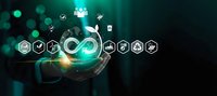 Business professional holding glowing infinity symbol with technology icons representing endless possibilities and digital transformation solutions.