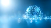 Glowing digital network sphere with connected dots and lines floating on reflective surface against blue background, representing global connectivity.