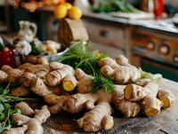 Fresh ginger root pieces scattered on rustic wooden kitchen counter with herbs and produce, natural lighting highlights aromatic cooking ingredients.