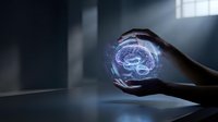 Hands protecting glowing digital brain hologram with neural networks in futuristic medical technology concept for artificial intelligence and healthcare.