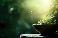 Fresh green tea leaves in ceramic bowl on stone surface with magical sunlight and bokeh effect in dark green garden background.
