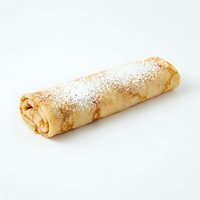Rolled crepe dusted with powdered sugar on white background, isolated pastry ready for food photography, menus, bakery designs and culinary content.