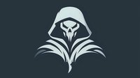 Stylized hooded figure with skull mask in white silhouette against dark background, featuring sharp angular design and mysterious atmosphere. Suitable for gaming logos.