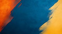 Dynamic diagonal brush strokes in vibrant orange, deep turquoise blue and golden yellow create dramatic abstract composition with bold color contrast and energetic movement.