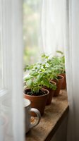 Fresh herb seedlings growing in terracotta pots on wooden windowsill with natural sunlight streaming through white curtains for indoor gardening.