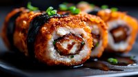 Crispy fried sushi rolls with eel and cream cheese on dark plate, tempura coating golden brown, garnished with green onions and teriyaki sauce drizzle.
