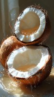 Fresh coconut halves with white flesh and brown husk on wet surface, dramatic lighting creates reflections and highlights natural texture and moisture.