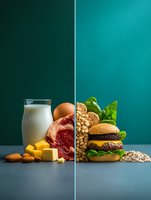 Split photo comparing protein sources: meat, dairy, milk and nuts versus plant-based burger with chickpeas and grains on turquoise background. Food choice concept.