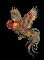 Vibrant rooster with ornate feathers in red, gold, and teal isolated on transparent background. Ready for t-shirts, stickers, clipart, and print-on-demand designs.