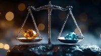 Decorative justice scales balancing precious gemstones, amber and blue topaz crystals on metallic plates against dark background with bokeh lights.