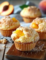 Fresh peach muffins with crumb topping and juicy fruit pieces on wooden cutting board, sprinkled with sugar, close up view of homemade pastry.