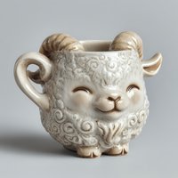 Adorable ceramic ram sheep mug with ornate swirl patterns and curved horns, cute kawaii style drinkware for tea coffee lovers and animal enthusiasts.