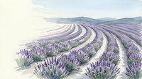 Watercolor lavender field with purple flowers in rows stretching toward distant mountains under soft cloudy sky for relaxation and aromatherapy designs.