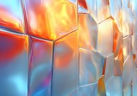 Abstract geometric background with iridescent orange and blue gradient colors on metallic surface with angular facets creating dynamic light reflections and shadows.