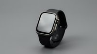 Modern smartwatch with black band and square silver display on neutral gray background, isolated for product design and technology marketing use.