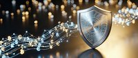 Digital shield protecting network connections with glowing circuit patterns and bokeh lights background for cybersecurity and data protection concepts.